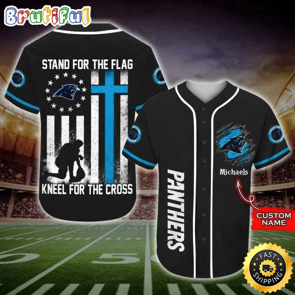 Personalized NFL Carolina Panthers Baseball Jersey Stand For The Flag Kneel For The Cross