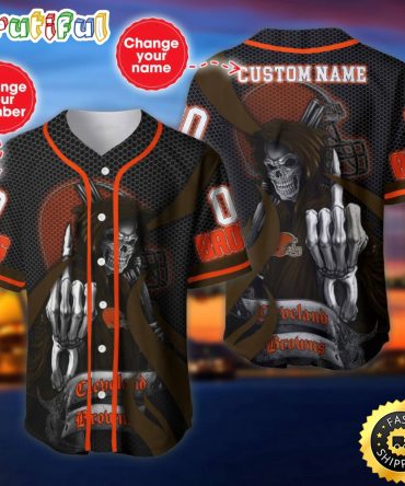 Personalized NFL Cleveland Browns Baseball Jersey Shirt The Reaper Art Skull