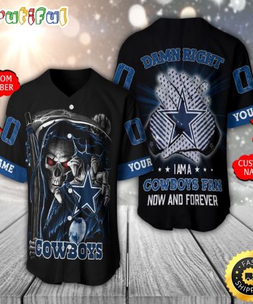 Personalized NFL Dallas Cowboys Baseball Jersey Skull Damn Right