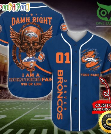 Personalized NFL Denver Broncos Baseball Jersey Art Skull