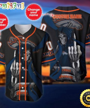 Personalized NFL Denver Broncos Baseball Jersey Shirt The Reaper Art Skull