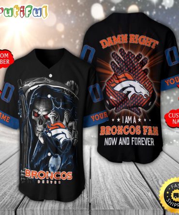 Personalized NFL Denver Broncos Baseball Jersey Skull Damn Right
