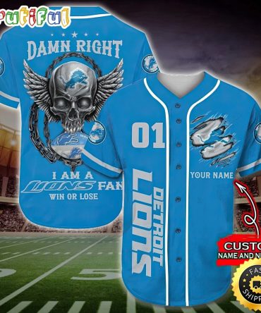 Personalized NFL Detroit Lions Baseball Jersey Art Skull