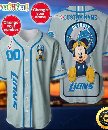 Personalized NFL Detroit Lions Baseball Jersey Mickey Mouse