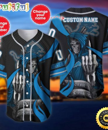 Personalized NFL Detroit Lions Baseball Jersey Shirt The Reaper Art Skull