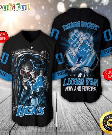 Personalized NFL Detroit Lions Baseball Jersey Skull Damn Right