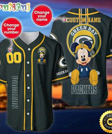 Personalized NFL Green Bay Packers Baseball Jersey Mickey Mouse