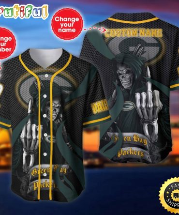 Personalized NFL Green Bay Packers Baseball Jersey Shirt The Reaper Art Skull