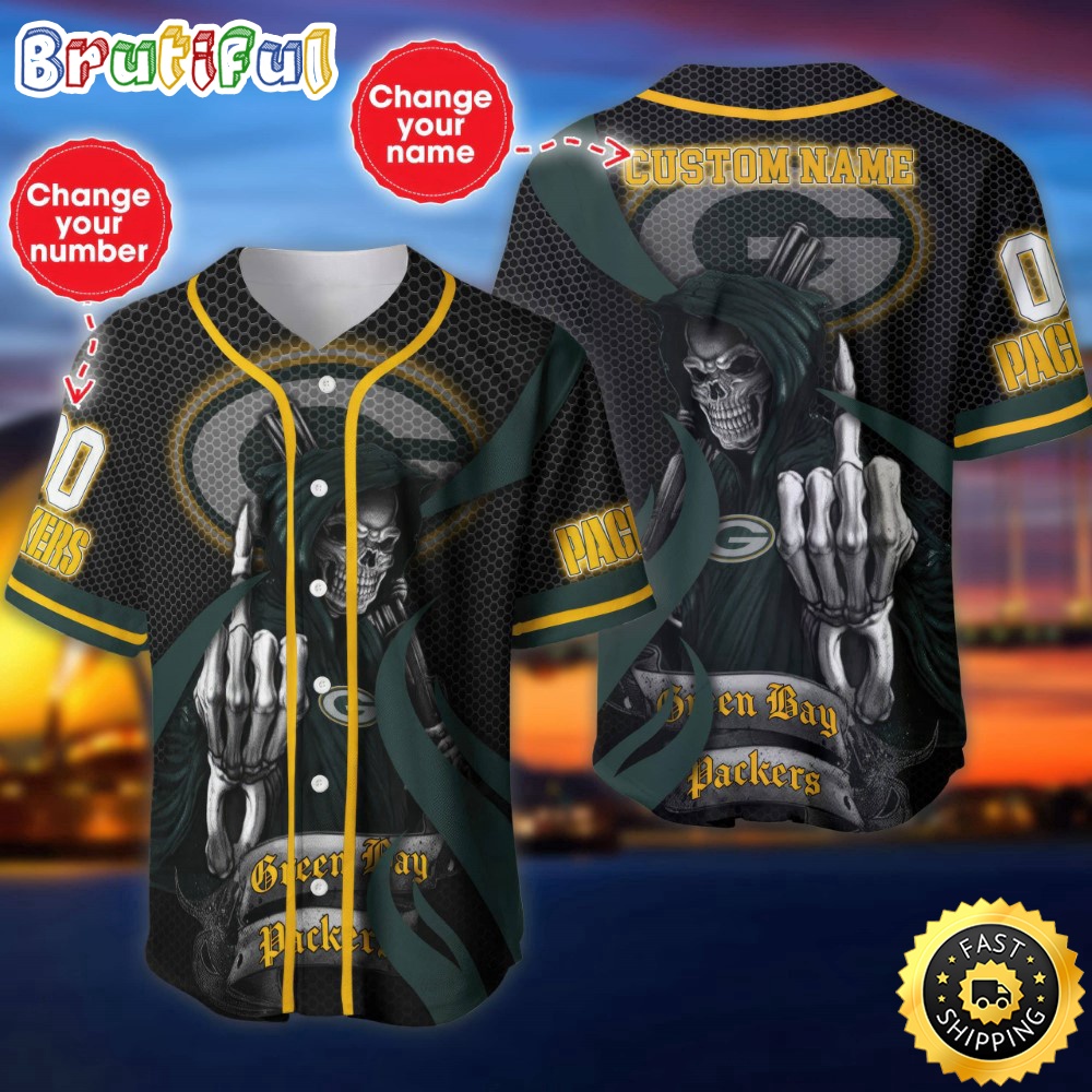 Personalized NFL Green Bay Packers Baseball Jersey Shirt The Reaper Art Skull