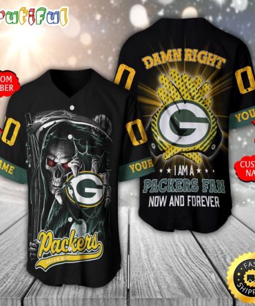 Personalized NFL Green Bay Packers Baseball Jersey Skull Damn Right