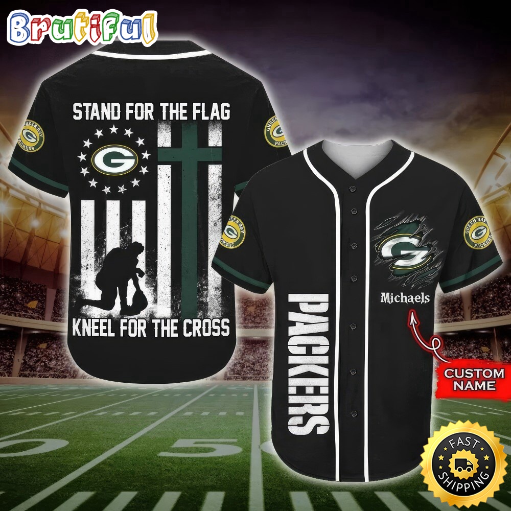 Personalized NFL Green Bay Packers Baseball Jersey Stand For The Flag Kneel For The Cross