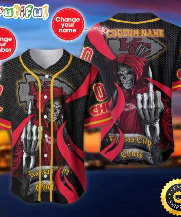 Personalized NFL Kansas City Chiefs Baseball Jersey Shirt The Reaper Art Skull