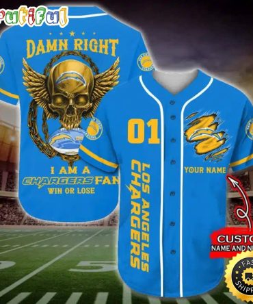 Personalized NFL Los Angeles Chargers Baseball Jersey Art Skull
