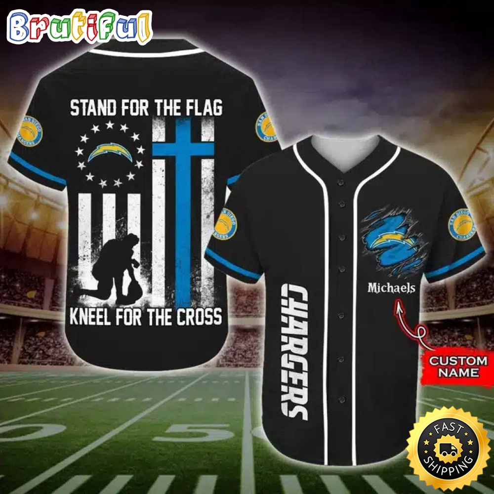 Personalized NFL Los Angeles Chargers Baseball Jersey Stand For The Flag Kneel For The Cross