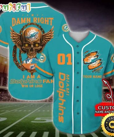 Personalized NFL Miami Dolphins Baseball Jersey Art Skull