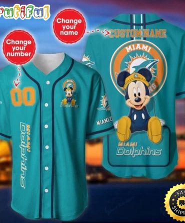 Personalized NFL Miami Dolphins Baseball Jersey Mickey Mouse
