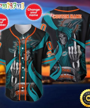 Personalized NFL Miami Dolphins Baseball Jersey Shirt The Reaper Art Skull