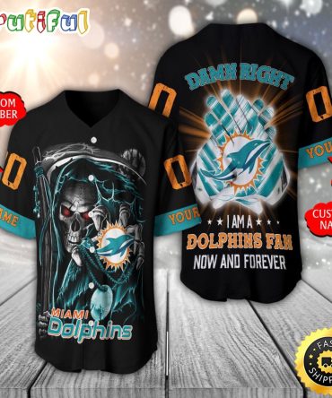 Personalized NFL Miami Dolphins Baseball Jersey Skull Damn Right