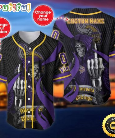 Personalized NFL Minnesota Vikings Baseball Jersey Shirt The Reaper Art Skull