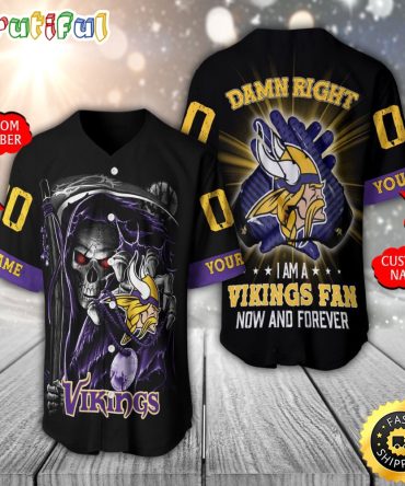 Personalized NFL Minnesota Vikings Baseball Jersey Skull Damn Right