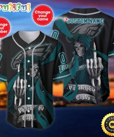 Personalized NFL Philadelphia Eagles Baseball Jersey Shirt The Reaper Art Skull