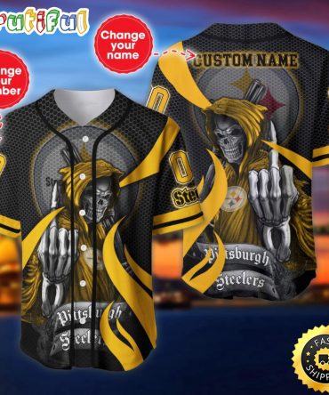 Personalized NFL Pittsburgh Steelers Baseball Jersey Shirt The Reaper Art Skull