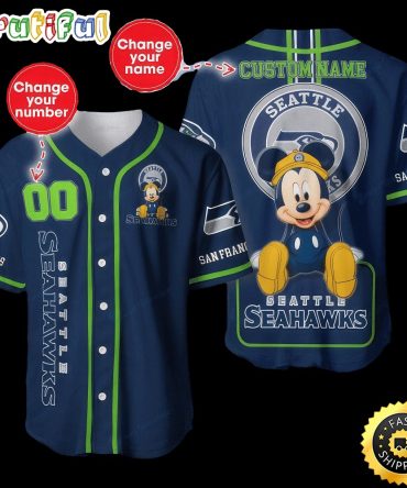 Personalized NFL Seattle Seahawks Baseball Jersey Mickey Mouse