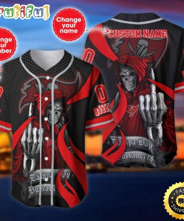 Personalized NFL Tampa Bay Buccaneers Baseball Jersey Shirt The Reaper Art Skull