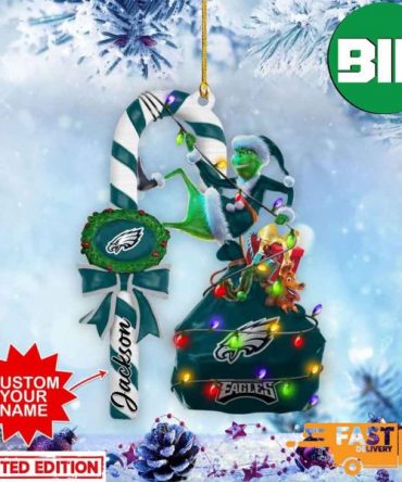 Philadelphia Eagles NFL Custom Name Grinch Candy Cane 2 Side Ornament