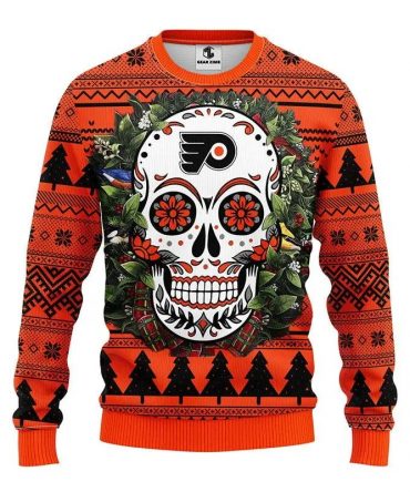 Philadelphia Flyers Skull Flower Ugly Christmas Sweater, NHL Christmas Sweater