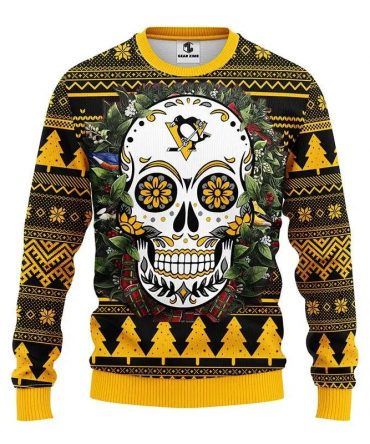 Pittsburgh Penguins Skull Flower Ugly Christmas Sweater, NHL Christmas Sweater