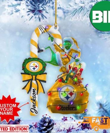 Pittsburgh Steelers NFL Custom Name Grinch Candy Cane 2 Sides Ornament