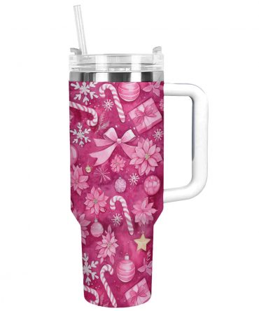 Pink Christmas Custom Stanley Quencher 40oz Stainless Steel Tumbler With Handle