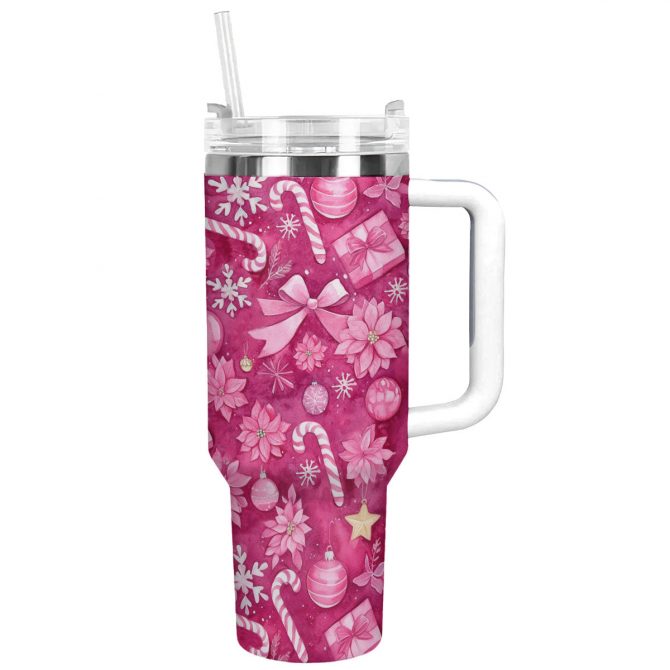 Pink Christmas Custom Stanley Quencher 40oz Stainless Steel Tumbler With Handle