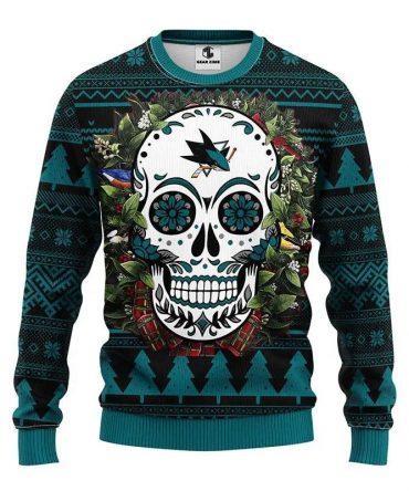 San Jose Sharks Skull Flower Ugly Christmas Sweater, NHL Christmas Sweater
