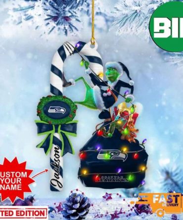 Seattle Seahawks NFL Custom Name Grinch Candy Cane 2 Sides Ornament