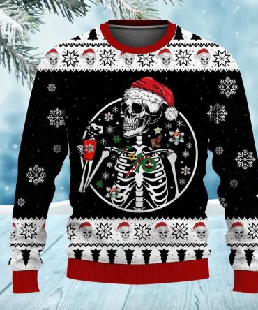 Skeleton Drinking Coffee Skull Funny Ugly Christmas Sweater Men &amp; Women, Skull Xmas Sweater