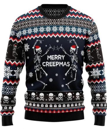 Skeleton Merry Creepmas Ugly Christmas Sweater, Funny Skull Xmas Sweater