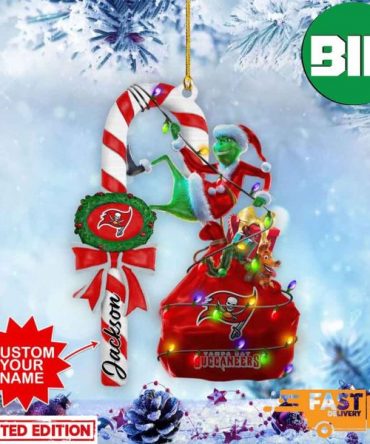 Tampa Bay Buccaneers NFL Custom Name Grinch Candy Cane 2 Sides Ornament
