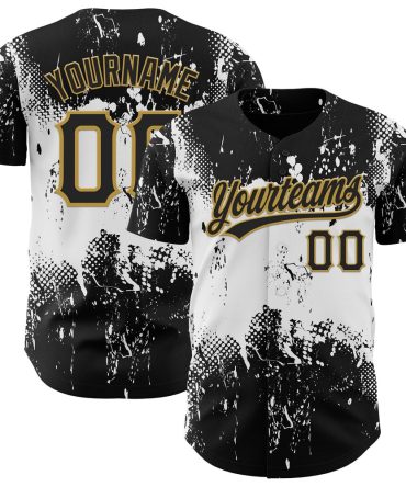 Team Jerseys Baseball, Custom Black White Old Gold 3D Pattern Design Abstract Splatter Grunge Art Authentic Baseball Jersey