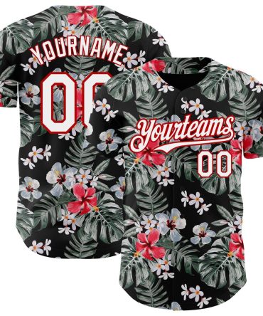 Team Jerseys Baseball, Custom Black White Red 3D Pattern Design Tropical Hawaii Plant Authentic Baseball Jersey, Logo Baseball Jersey