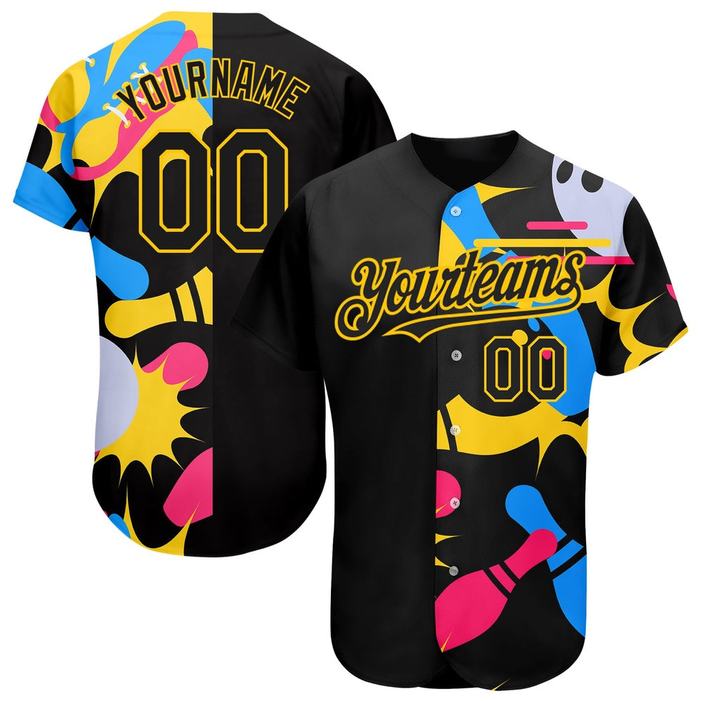 Team Jerseys Baseball, Custom Black Yellow 3D Pattern Design Bowling Authentic Baseball Jersey, Logo Baseball Jersey