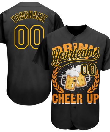 Team Jerseys Baseball, Custom Black Yellow 3D Pattern Design International Beer Day Authentic Baseball Jersey, Logo Baseball Jersey