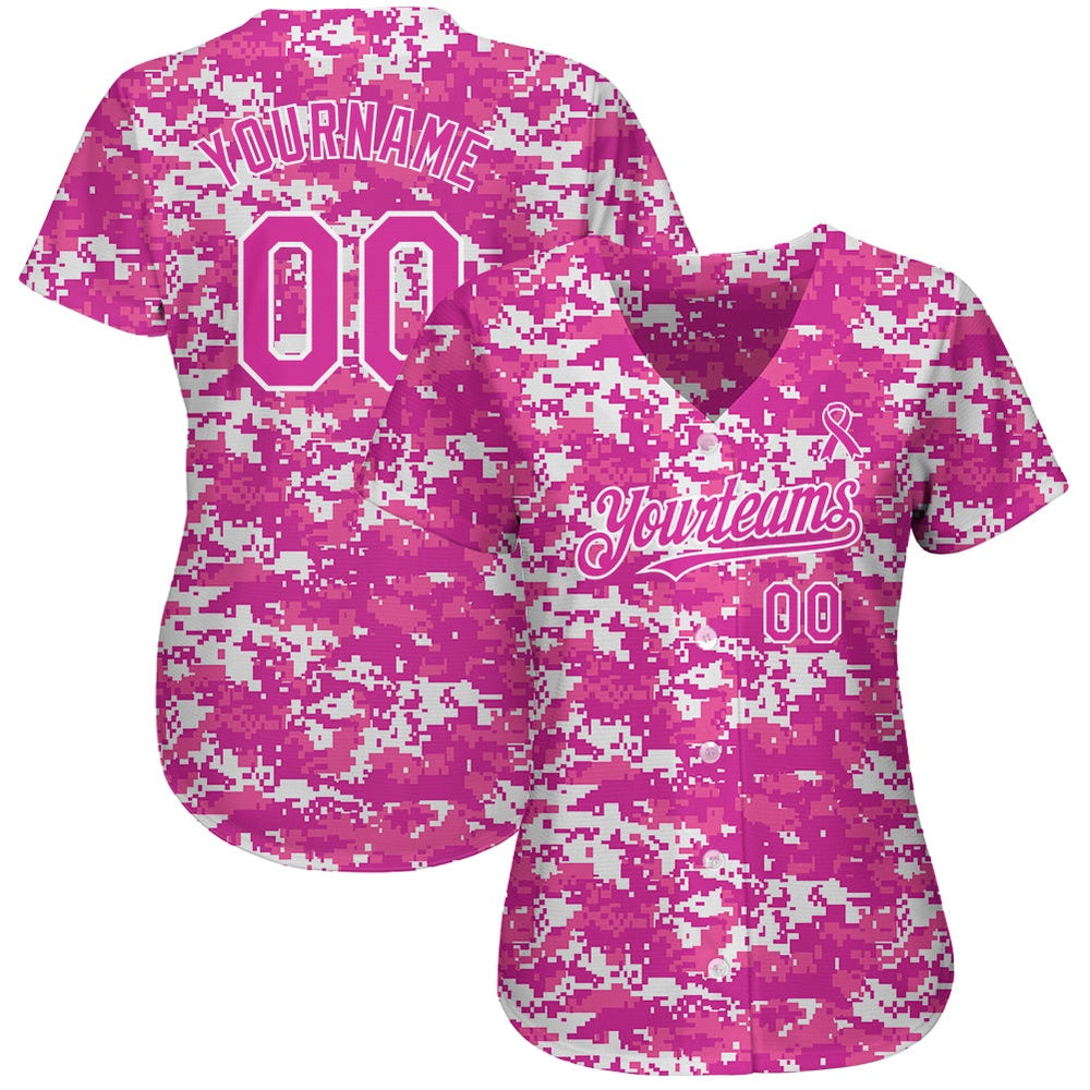 Team Jerseys Baseball, Custom Camo Deep Pink Black 3D Pink Ribbon Breast Cancer Awareness Month Women Health Care Support Authentic Baseball Jersey - Image 2