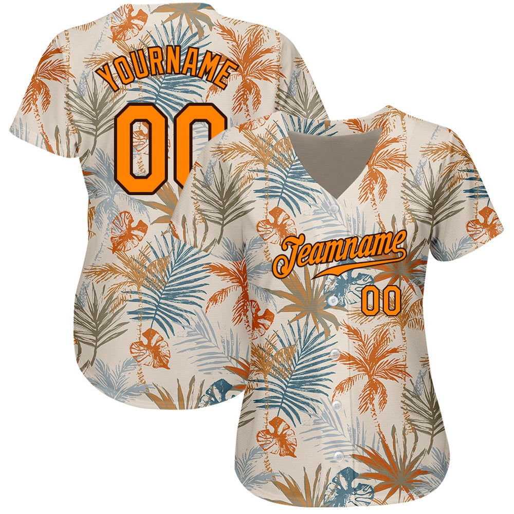 Team Jerseys Baseball, Custom Cream Bay Orange Brown 3D Pattern Design Hawaii Palm Leaves Authentic Baseball Jersey, Logo Baseball Jersey - Image 2