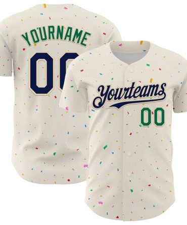 Team Jerseys Baseball, Custom Cream Navy Kelly Green 3D Pattern Design Confetti Authentic Baseball Jersey, Logo Baseball Jersey