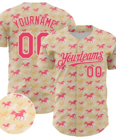 Team Jerseys Baseball, Custom Cream Neon Pink 3D Pattern Design Animal Horse Authentic Baseball Jersey, Logo Baseball Jersey