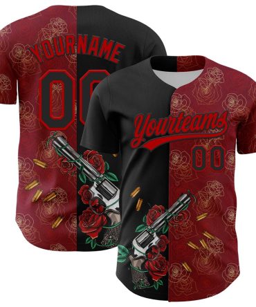Team Jerseys Baseball, Custom Crimson Black Red 3D Pattern Design Gothic Style Gun With Rose Authentic Baseball Jersey