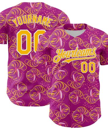 Team Jerseys Baseball, Custom Deep Pink Gold White 3D Pattern Design Tropical Anthurium Flower Authentic Baseball Jersey