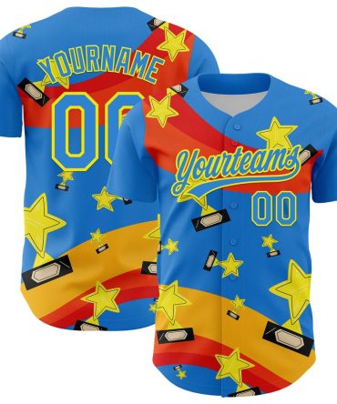 Team Jerseys Baseball, Custom Electric Blue Light Yellow 3D Pattern Design Champion Trophy Authentic Baseball Jersey